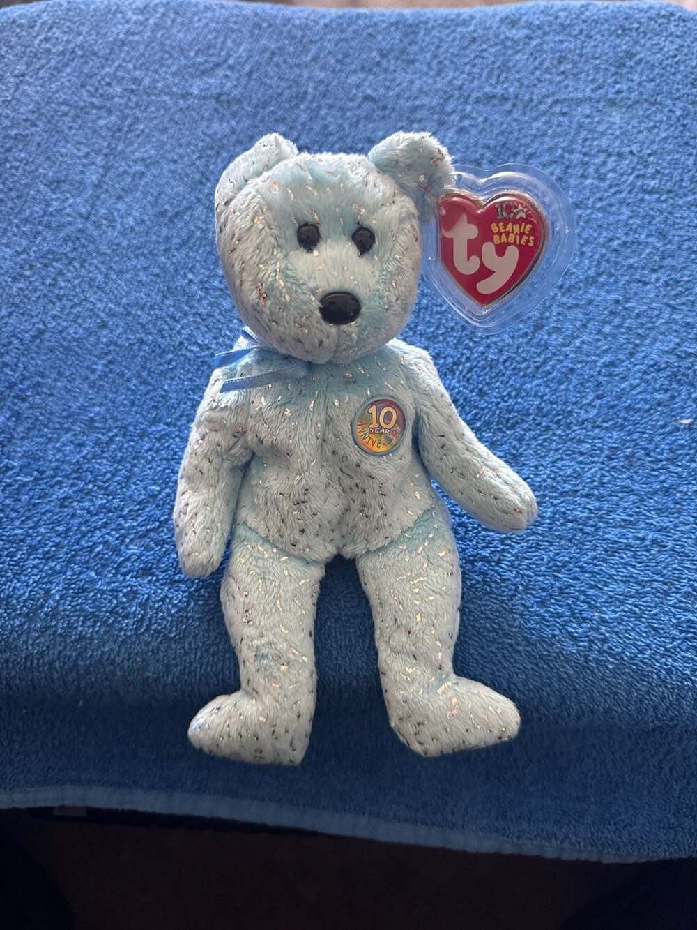 Ty Beanie Baby Decade 10th Anniversary Bear Light Blue Glitter Plush